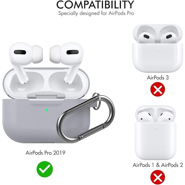 حافظة سيليكون فاخرة بتصميم ثلاثي الأبعاد من Ahastyle مع حلقة تثبيت متوافقة مع AirPods Pro - تصميم كلاسيكي مريح - غطاء مقاوم للغبار والصدمات يدعم الشحن اللاسلكي - رمادي أبيض