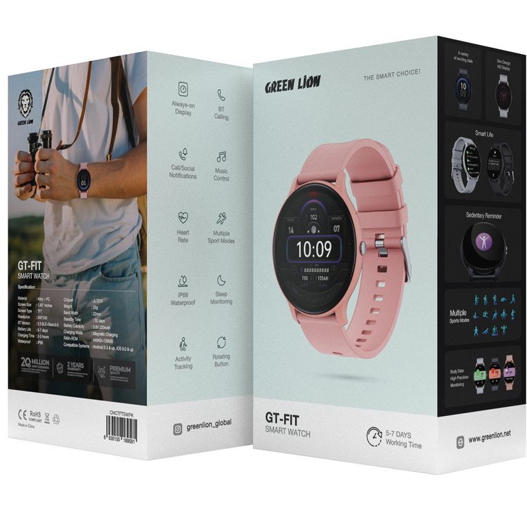 ساعة ذكية Green Lion GT-FIT، تتبع النشاط، مراقبة النوم، زر دوار، عمر البطارية من 5 إلى 7 أيام، أوضاع رياضية متعددة، مقاومة للماء، وقت استعداد 35 يومًا، إشعارات المكالمات/الاجتماعات