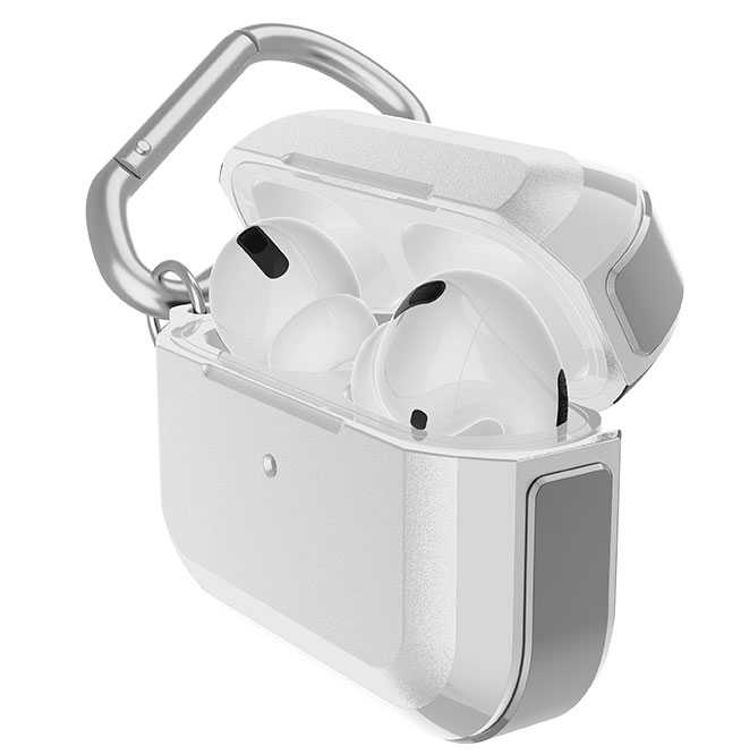 X-Doria Defense Trek Aluminum Bumper Case with Anti-Lost Carabiner & Loop Compatible for AirPods Pro - Sleek Design Cover - 360 Degree Protection - Charging Light Visible - Silver
