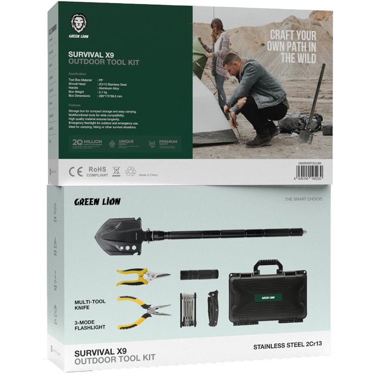Green Lion Survival X9 Outdoor Tool Kit with Multi-Tool Knife, Foldable Shovel, Easy to Carry, Camping Friendly, 3 Flashlight Modes - Black