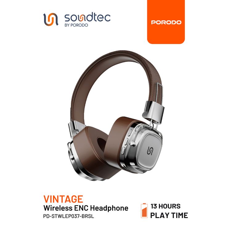 Porodo Soundtec Vintage Wireless ENC Headphones, Up to 12 Hours Battery Life, 10m Transmission Distance, 350mAh Battery Capacity, 2 Hours Recharge Time - Brown/Silver