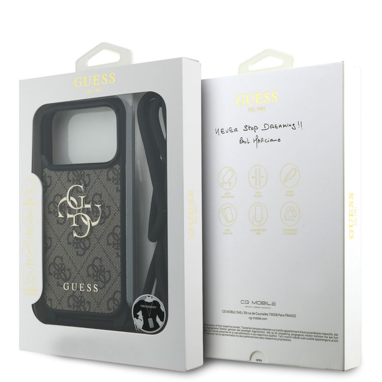 جراب Guess 4G من الجلد الصناعي مع شعار 4G كبير وحزام الكتف للآيفون 17 برو، حماية من السقوط، تصميم نحيف وخفيف الوزن، سهل التركيب، قبضة مريحة، تغليف مستدام - بني