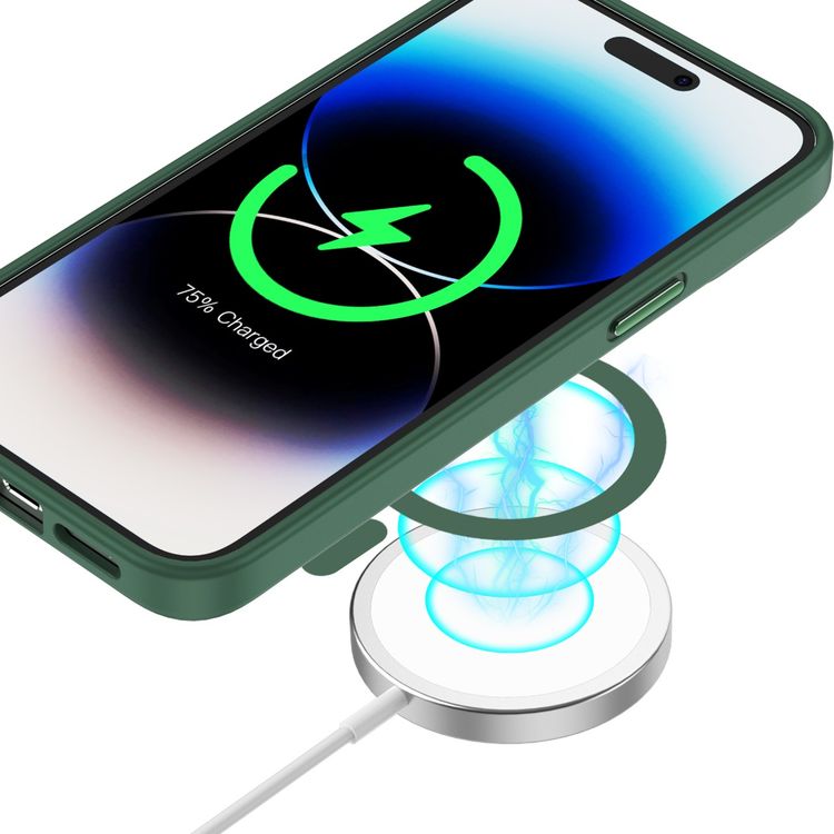 جراب Green Lion Charles Magsafe لهاتف iPhone 14 Pro (6.1 بوصة)، جراب صلب من مادة TPU ومادة السيليكون، شاحن لاسلكي Qi، حامل مغناطيسي، متين مضاد للسقوط، مضاد للخدش - أخضر