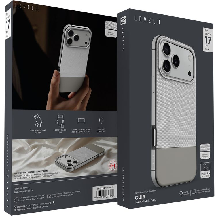 Levelo Cuir Leather Hybrid Case with Comfortable Grip for iPhone 17 Pro Max, Strong Magnets & MagSafe Compatible, Shock-Resistant Bumper, Aluminum Alloy Frame for Camera & Buttons, Drop-Tested - Silverstone