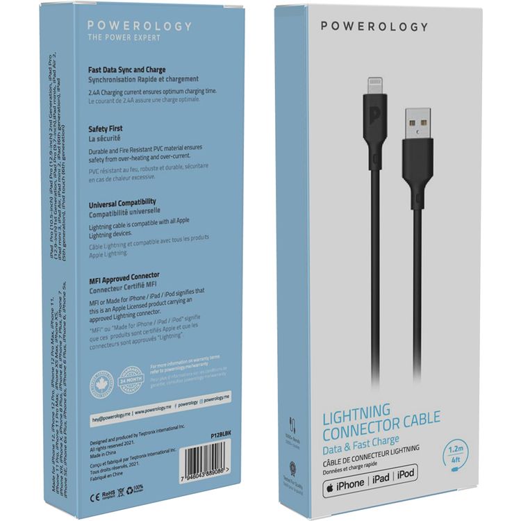 Powerology USB-A to Lightning Cable, 2.4 Charging Current, PVC Fire-Resistant Material, 1.2m Cable Length, More than 5000 Bends Lifespan, Fast Charge & Data Sync - Black