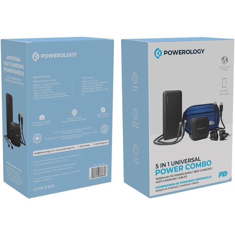Powerology 5-in-1 Universal Power Combo with Power Bank, Universal Travel Charger & Fast-Charging Cables, 10000mAh PD Power Bank, 38W Charger, Carry Bag Included- Black