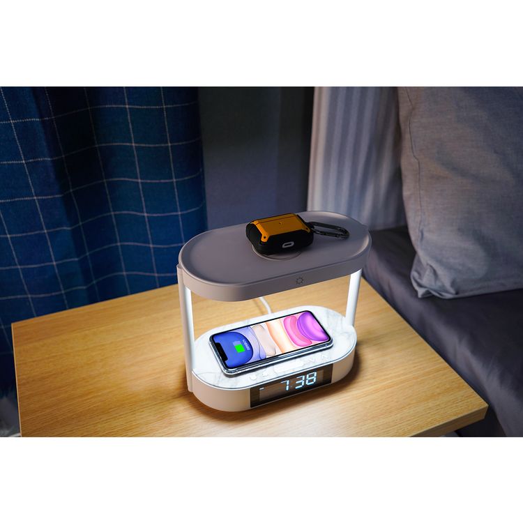 Porodo Bedside Light with Wireless Charger and Digital Clock, 3 Brightness Levels, Dual Wireless Charging, Alarm and Snooze Function, Digital Display - White