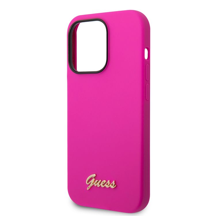 Guess Liquid Silicone Case With PC Camera Outline & Script Metal Logo - iPhone 14 Pro - Fuchsia
