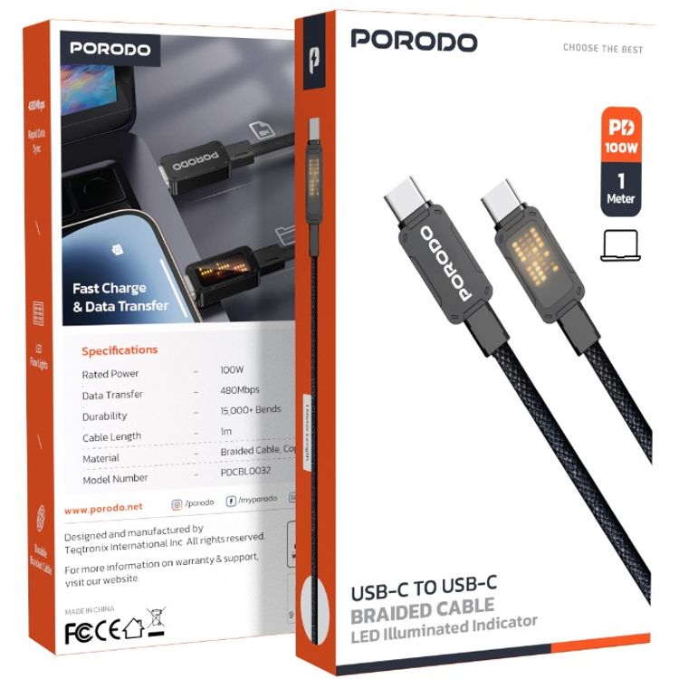 Porodo USB-C to USB-C  Braided Cable with 100W Rated Power, 480Mbps Data Transfer, 1m Cable Length, Fast Charging & Data Transfer - Black