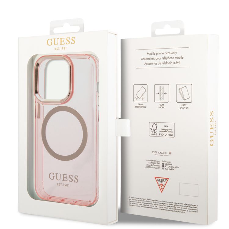 Guess Magsafe Case With Translucent Gold Outline - iPhone 14 Pro Max - Pink