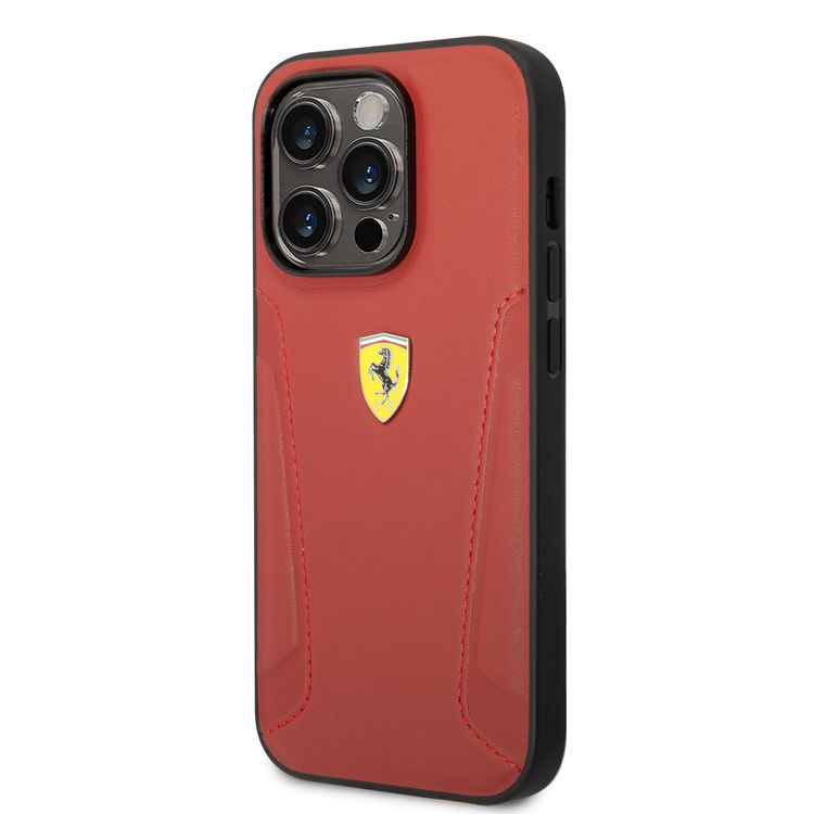 Ferrari Leather Case With Hot Stamped Sides & Yellow Shield Logo - iPhone 14 Pro - Red