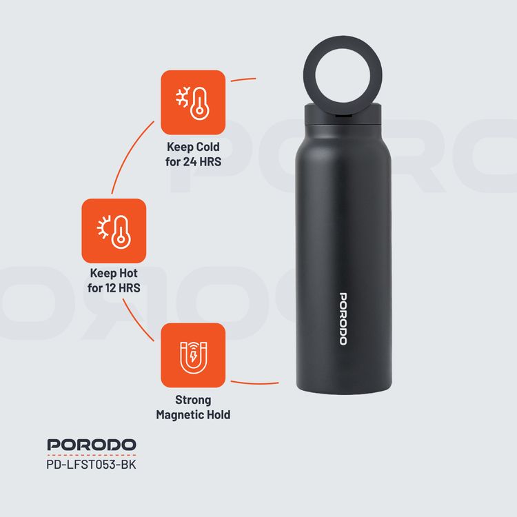 Porodo Magnetic Mount Water Bottle with Strong Magnetic Hold, Stainless Steel Material, Double-Wall Insulation, Versatile and Portable, Strong Magnetic Hold, Works with MagSafe, Wide Round Mouth - Black 