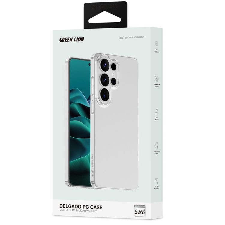 Green Lion Delgado PC Case for Samsung S26 Ultra, Camera Protection, Antimicrobial Coating, Anti Scratch, Comfortable Grip, Anti Fingerprint, High-Stiffness Construction, Ultra Slim, Lightweight - Clear
