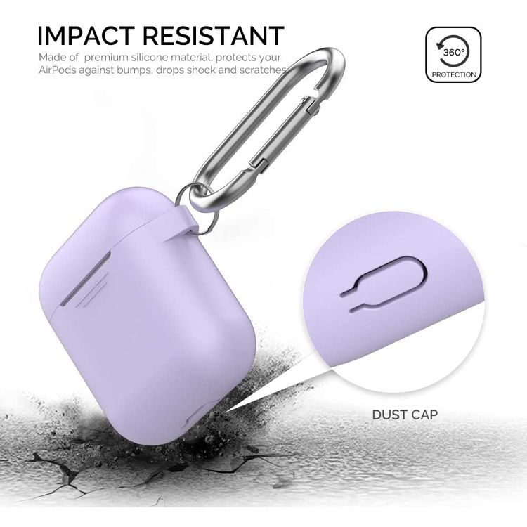 AhaStyle Keychain Silicone Case with Anti-Lost Ring for AirPods 1/2 Generation, Drop Resistant, Dustproof and Absorbing Protective Cover with Hang Case Lavender