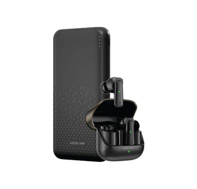 Green Lion Rome Power Bank & TWS Earbuds, Cutting-edge 2-in-1 Gadget, 10000 mAh Power Bank Battery Capacity, 200 mAh TWS Charging Case Capacity, Dual USB-A Port, 4.5 Hours Talk Time, 4 Hours Play Time - Black