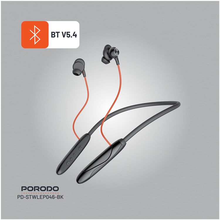 Porodo Echo Flex Magnetic Buds with Hall-Switch Technology, ENC, Crystal Clear Audio, High-Clarity Microphone, Patented Design - Black