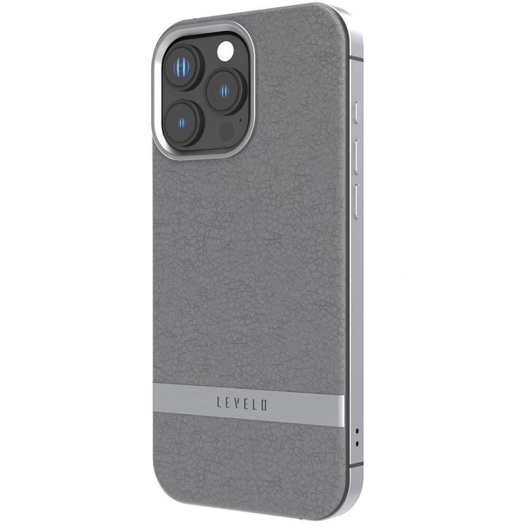 Levelo Pelle Leather Case for iPhone 16 Pro Max with Aluminum Bumper, Impact Resistant Corners, MagSafe compatibility, Lightweight & Slim Profile - Gray