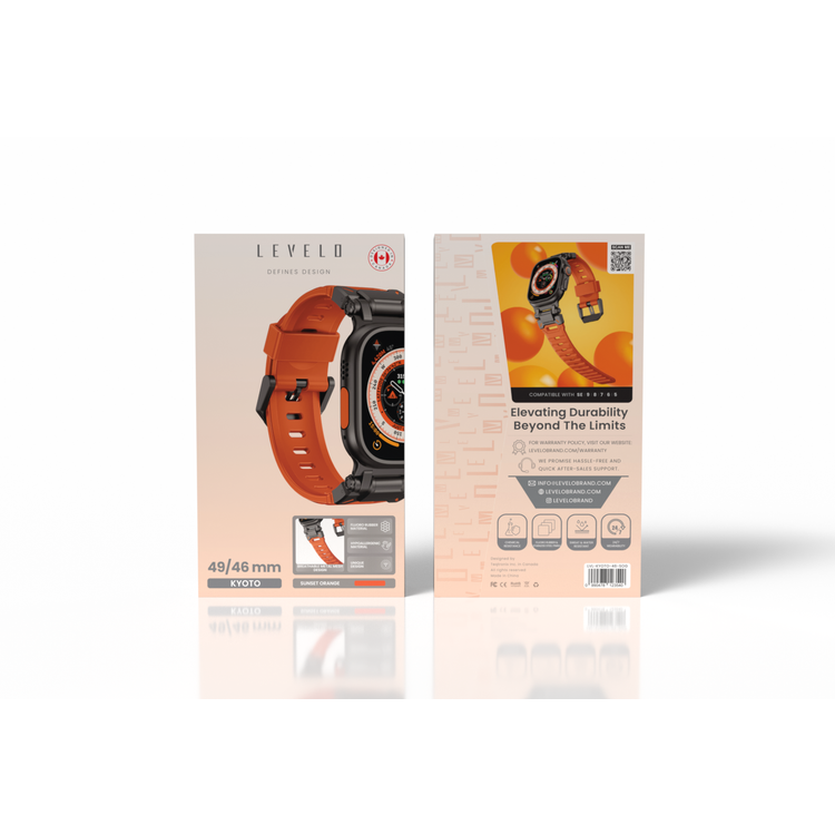 Levelo Kyoto Watch Strap, Apple Watch SE 9/8/7/6/5 (46/49mm), Fluoro Rubber & Stainless Steel Finish, Chemical Resistance, Hypoallergenic, 24/7 Wearability - Sunset Orange