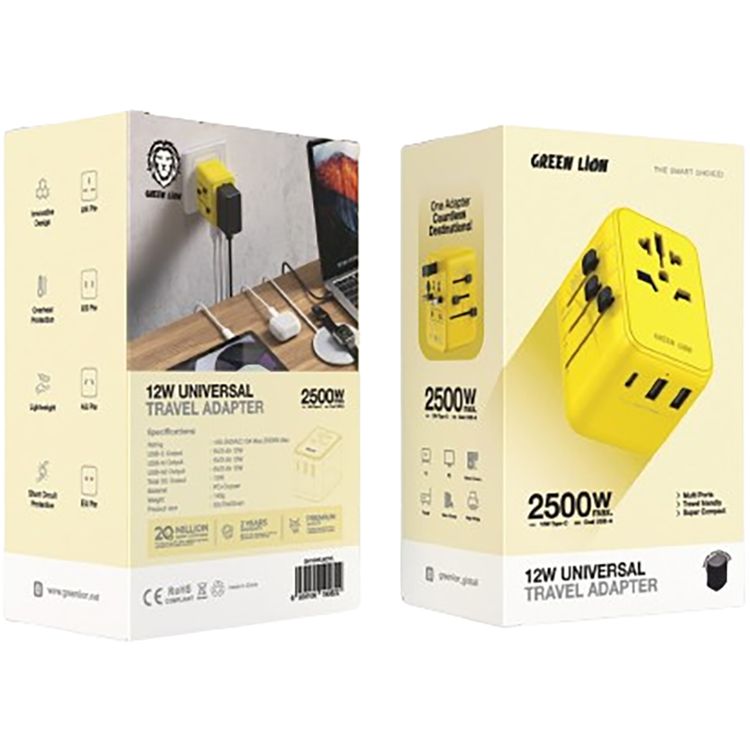 Green Lion 12 W Universal Travel Adapter, Short Circuit Protection, 2500W Max Rating, Super Compact, Travel Frindly - Yellow