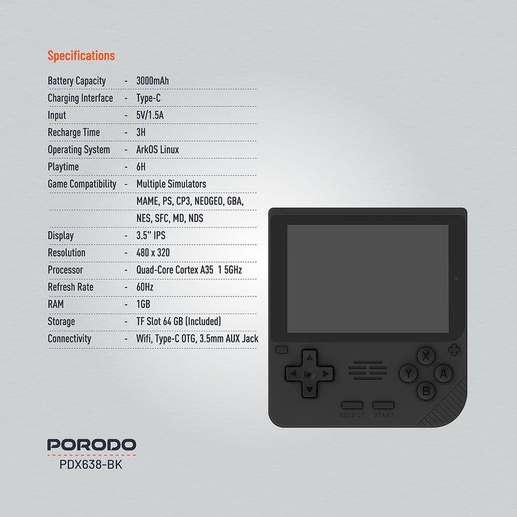 وحدة تحكم ألعاب Porodo Gaming Retro Arcade، محاكي ثلاثي الأبعاد، تصميم مريح، تشغيل صوتي غامر، شاشة IPS مقاس 3.5 بوصة، عمر بطارية 6 ساعات، بطارية 3000 مللي أمبير في الساعة - أسود