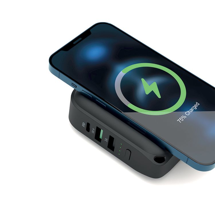 Powerology 10000mAh Wall Charger Power Bank with 20W Power Delivery, 15W Wireless Output, 0%-60% Charge in 35 Minutes, 18W USB-A QC Output, Interchangeable EU & US Adapters - Black