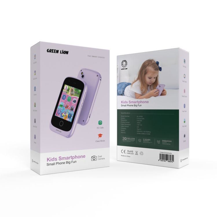 Green Lion Kids Smartphone with Dual Camera, 2.8" IPS Screen, 240×320p Photo Resolution, 600mAh Battery Capacity, 2G Calls, Habit Tracker, Class Mode - Purple