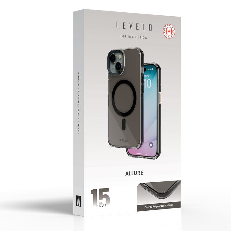 Levelo Allure PC Hard Case for iPhone 15 Plus, Reinforced Corners with Airguard, Shock-Proof Edges, High Transparency, 3H Anti Scratch, MagSafe Compatible, Polycarbonate Shell- Smoke Clear