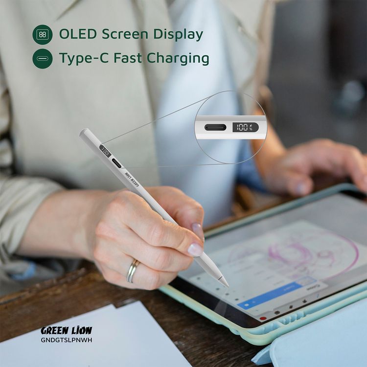Green Lion Digital Stylus Pencil with Up to 15 Hours Working Time, Removeable & Replaceable Tip, 1.7mm Nib Diameter, OLED Screen Display, Auto-Sleep Mode, Palm Rejection - White