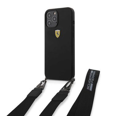 CG Mobile Ferrari On Track Liquid Silicone Hard Case with Removable Strap & Metal Logo Compatible for iPhone 12 Pro Max (6.7") - Black