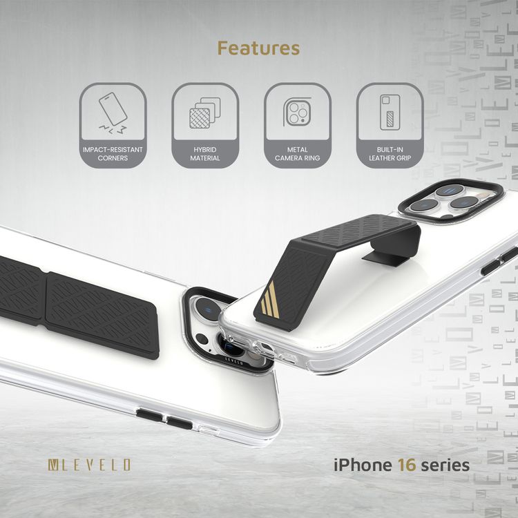 Levelo Morphix Clara Case for iPhone 16 Pro, Hybrid Material, Impact-Resistant Corners, Built-in Leather Grip, Metal Camera Ring - Black