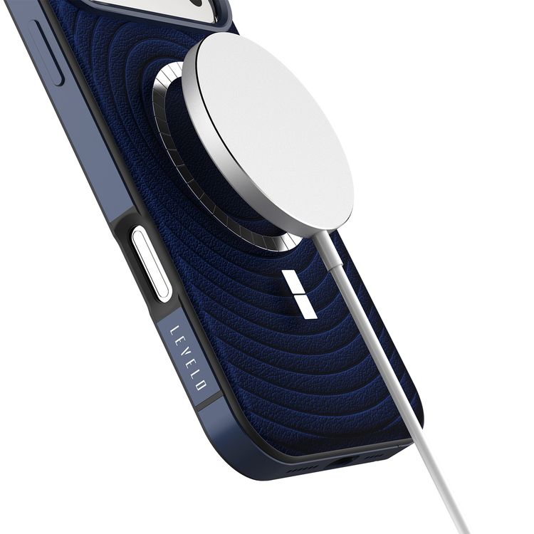 Levelo Spirale PU Leather Hybrid Case for iPhone 17 Pro Max, MagSafe Compatible & Strong Magnets, Impact-Resistant, Shock-Resistant Bumper, Aluminum Alloy Frame for Camera & Edges, Drop-Tested - Midnight Blue