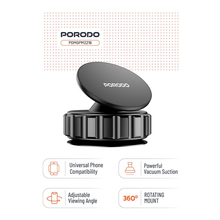 Porodo Multi-Surface Vacuum Suction Phone Holder with Adjustable Viewing Angle & 360° Rotation, Compatible with 4.7"-6.9" Phones, ABS & TPU Material, Double-Layer N52 Magnets - Black