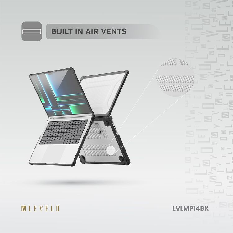 Levelo Espectro Case for MacBook Pro 14" (2021-2023), 360° Full Protection, Foldable Stand Design, Built-in Air Vents, Shock-Proof Edges, Easy Installation & Removal - Black