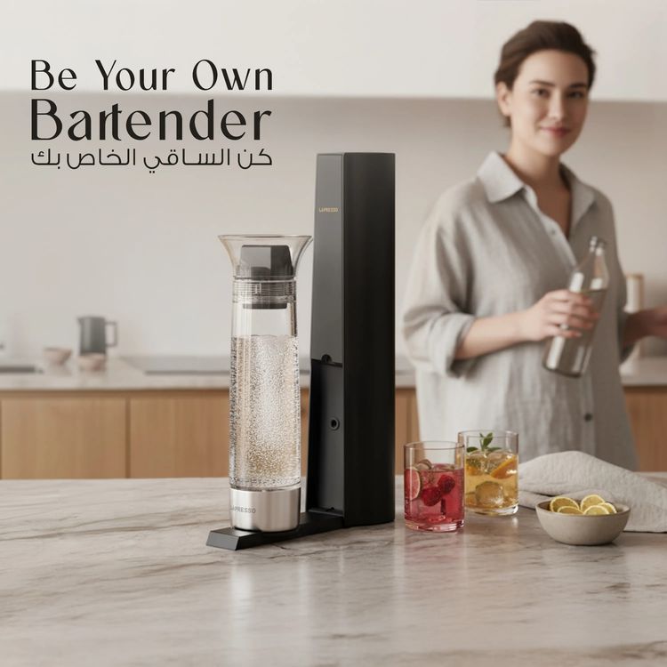 LePresso Carbonator Instant Sparkling Water with Efficient Carbonator, Pressure Release Safety Valves, Stand-Alone Operation, Gas Fills From Bottom, Portable & Compact, Patented & Durable Design - Black