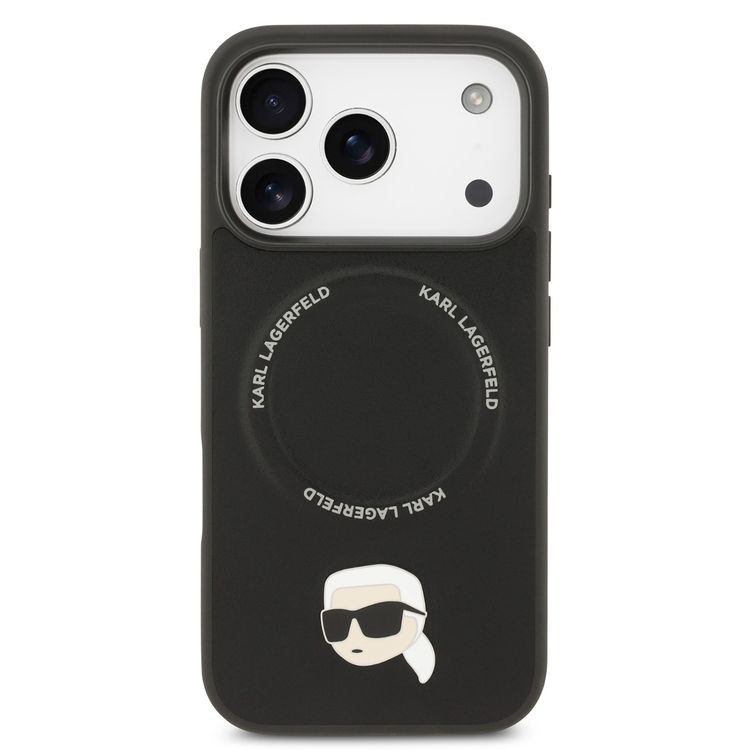 غطاء من جلد PU من كارل لاغرفيلد مع دبابيس رأس كارل لهاتف آيفون 17 برو ماكس، بتصميم نحيف وخفيف الوزن، قبضة مريحة، متوافق مع MagSafe، تغليف مستدام، سهل التركيب، حماية من السقوط - أسود