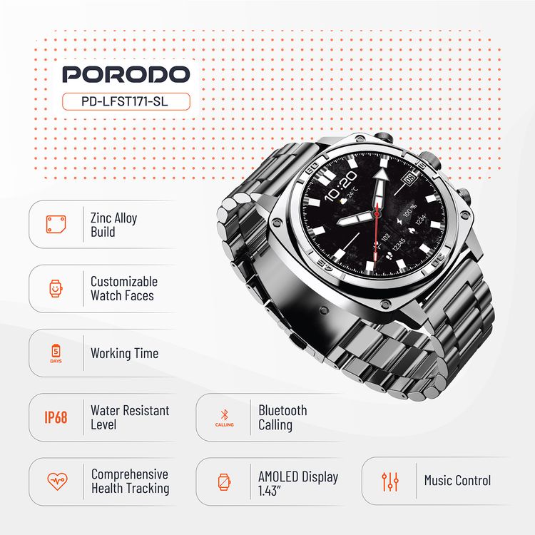 Porodo Chrono Steel Smartwatch with 1.43-inch AMOLED Display, 466 x 466 pixels Resolution, Up to 5 Days Working Time, 400mAh Battery Capacity, 128MB Flash Memory, Bluetooth Version 5.2, IP68 Water Resistance Level - Silver