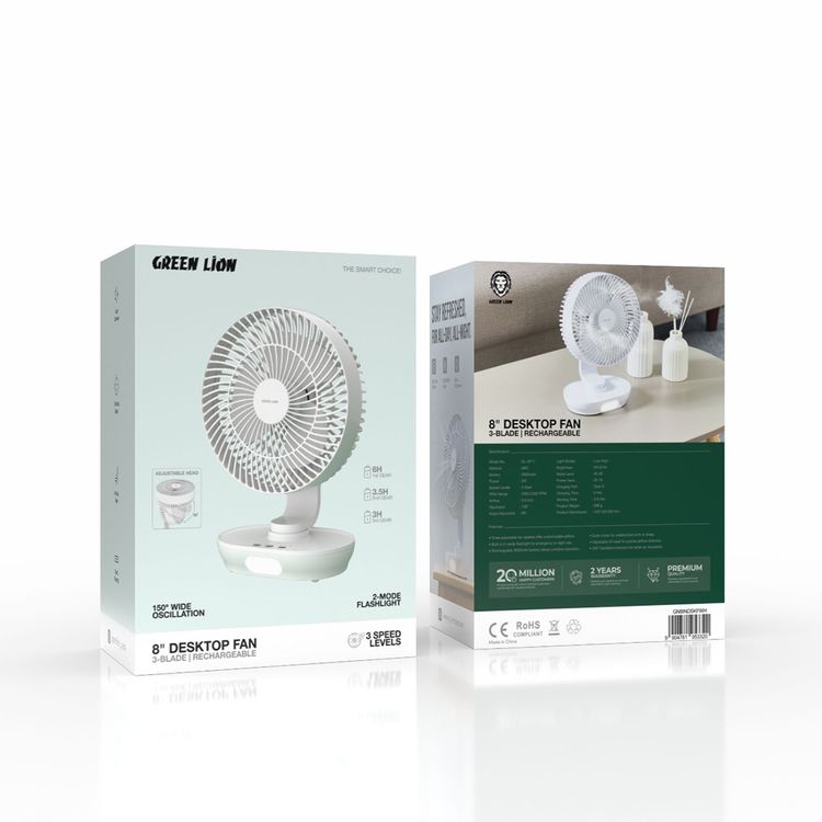 Green Lion 8" Desktop Fan with 3-Blade Design, 20-28 Lumens Brightness, Low & High Light Modes, 90° Angle Adjustment, 150° Oscillation, 3-Gear Speed Levels, Rechargeable Battery, Quiet Motor - White