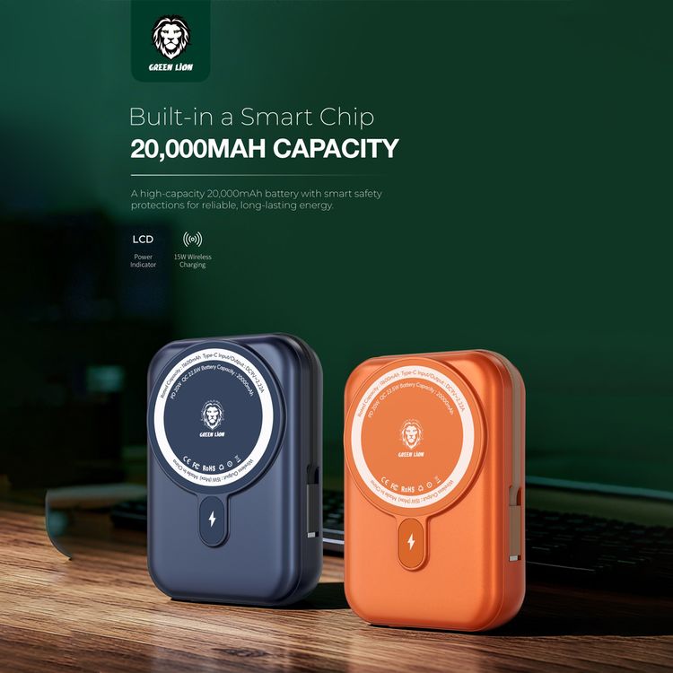 Green Lion 20000mAh Monaco MagSafe Power Bank with Built-in Type-C Cable, LCD Display, 20W Power Delivery, Magnetic Attraction, Compact Design - Orange