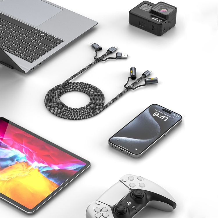 Green Lion 6-in-1 Charging Cable with 1.2m Cable Length, LED Light, Ignition, PD 60W, Charge & Sync, Steady - SOS Light Modes - Gray