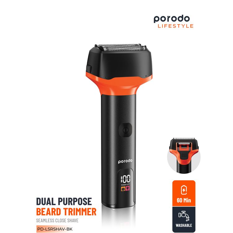 Porodo LifeStyle Dual Purpose Beard Trimmer with Seamless Close Shave, USB-C Charging Interface, 1.5 Hours Charging Time, Up to 60 Minutes Working Time, 400mL Bottle Capacity, IPX5 Water Resistance Level, 1100mAh Battery Capacity, Washable, Digital Display - Black