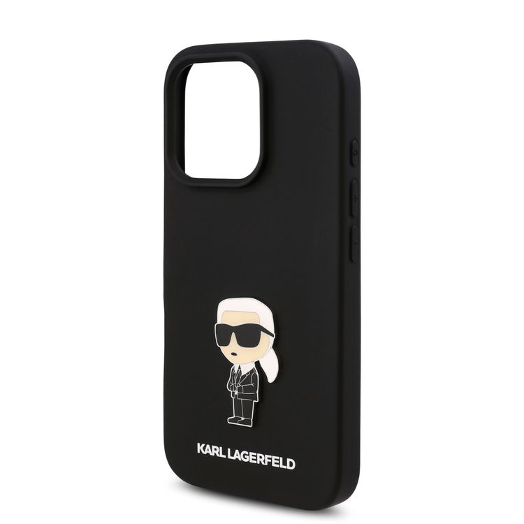 جراب صلب من السيليكون TPU من Karl Lagerfeld مع شعار Ikonik لأيفون 16 برو، مادة متينة، قبضة مريحة وآمنة، خفيف الوزن ونحيف - أسود