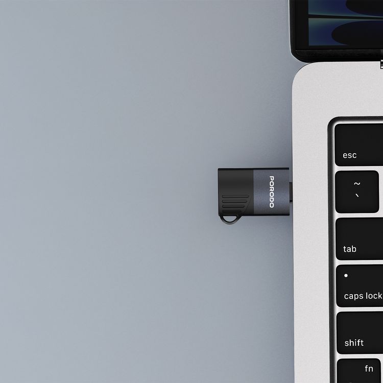 Porodo OTG Adapter with Lightning Input, TF Card Reader, 480Mbps Transfer Speed, TPE Material with Aluminum Shell, Wide Compatibility - Black