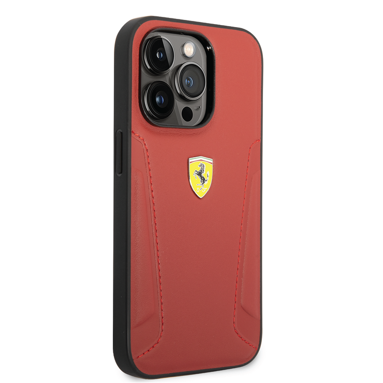 Ferrari Leather Case With Hot Stamped Sides & Yellow Shield Logo - iPhone 14 Pro Max - Red