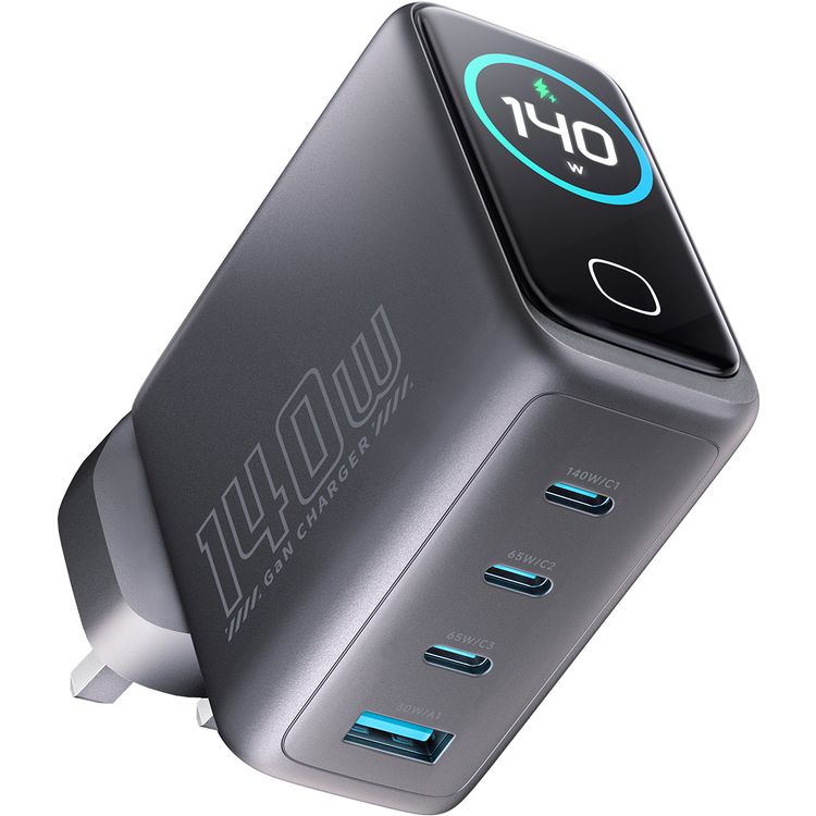 Powerology Voltflow GaN Wall Charger with PD 140W, Single USB-A & Triple USB-C Ports, Ai Temperature Control, Fast Charge Support, Multiple Device Compatibility, TFT Smart Display Interface - Black