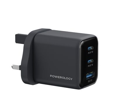 Powerology Volt-X 67W Multi-Port GaN Wall Charger with Advanced Safety Features, USB-A & Dual USB-C Ports, Compact Travel Size, Wide Compatibility, Fast Charging Speed, GaN Technology - Black