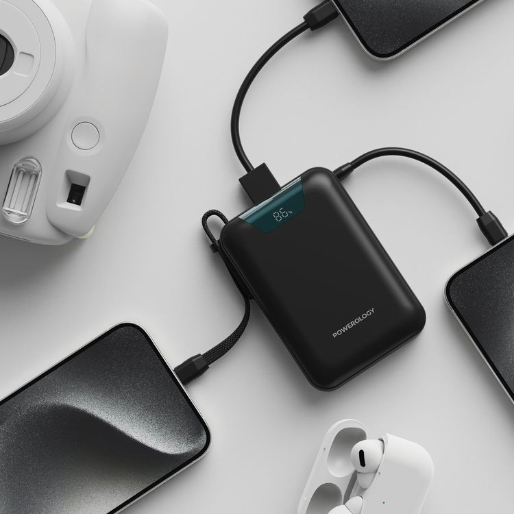 Powerology York 20000mAh Power Bank with PD 18W, QC 22.5W, Integrated Type-C Cable, USB-A & USB-C Ports, Fast Charge Support, Simultaneous Charging, Digital Battery Display - Black