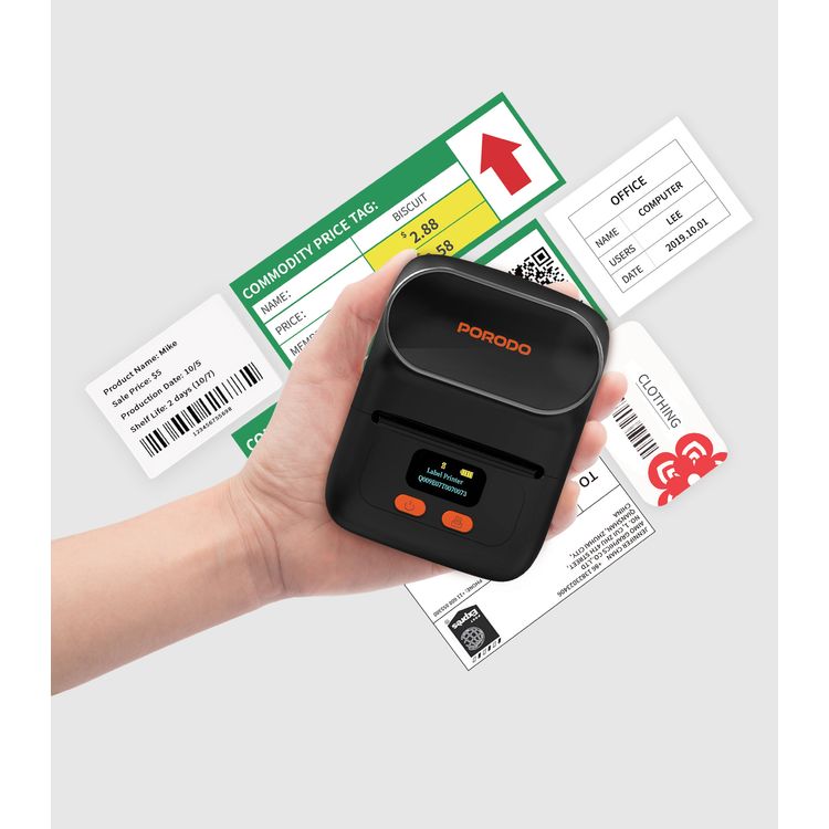 Porodo Super HD Thermal Printer with Bluetooth, 1200mAh Battery Capacity, 2.5 Hours Recharge Time, 1.5 Hours Working Time, 20-50mm Label Width, Super HD - Black