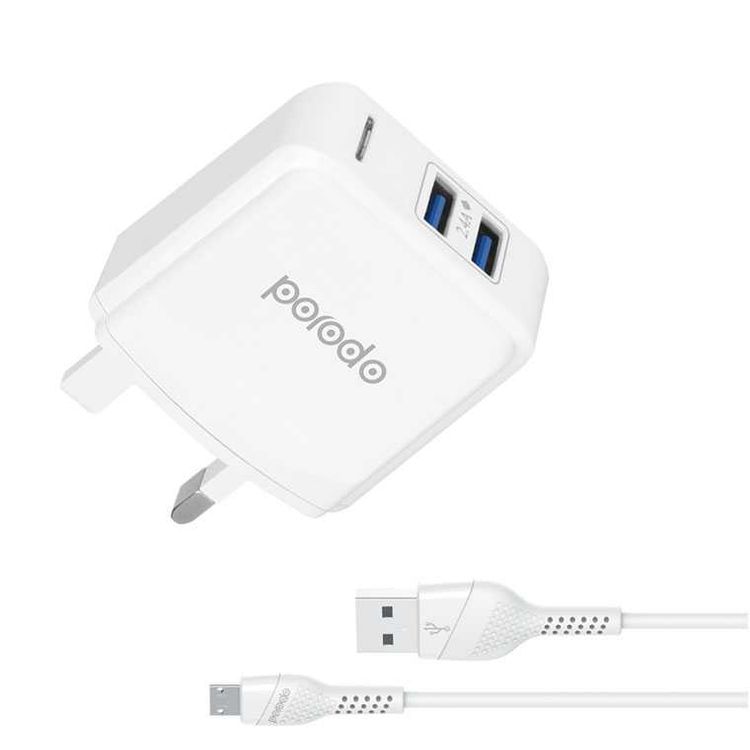 Porodo Dual USB Wall Charger 2.4A UK - White