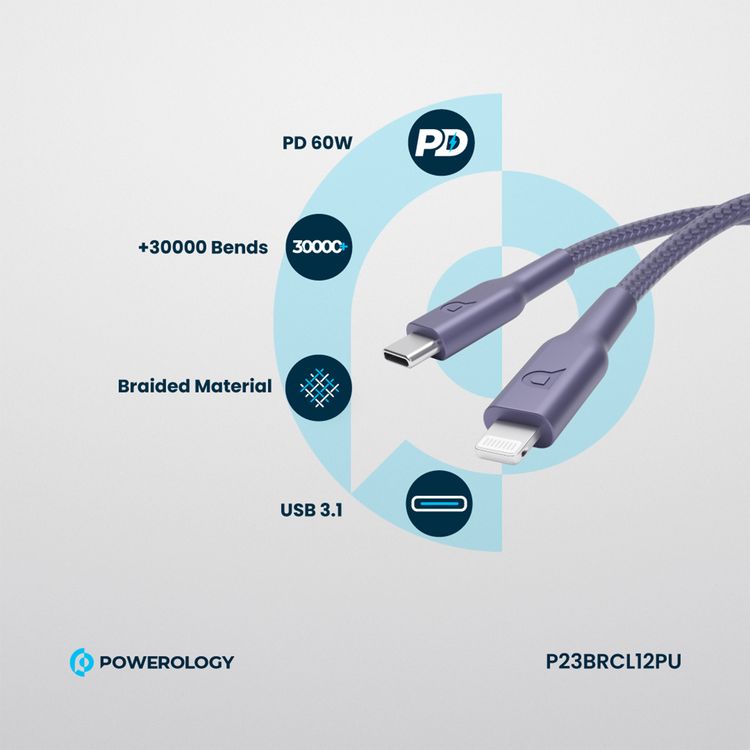 كيبل باورولوچي مضفر USB-C إلى Lightning للشحن مع الشحن السريع ونقل البيانات، توصيل طاقة 60 واط، توافق عالمي، طول الكابل 1.2 متر - بنفسجي