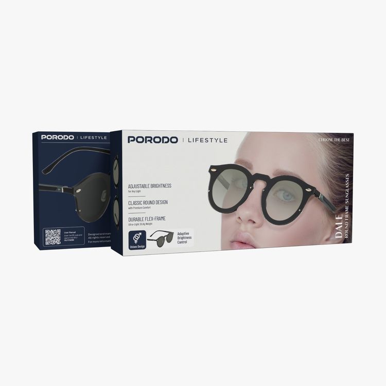 Porodo Dale Round Frame Sunglasses with Adjustable Brightness for Any Light, Durable Flex-Frame Ultra-Light 40.7g Weight, Stainless Steel Material, UV400 Protection, Unisex Design - Black